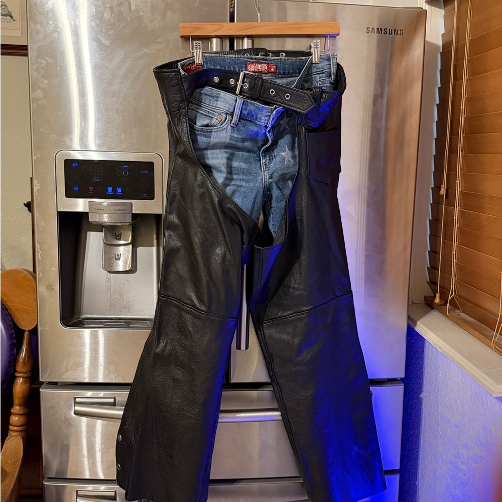 Men's Black Leather and Blue Denim Pants